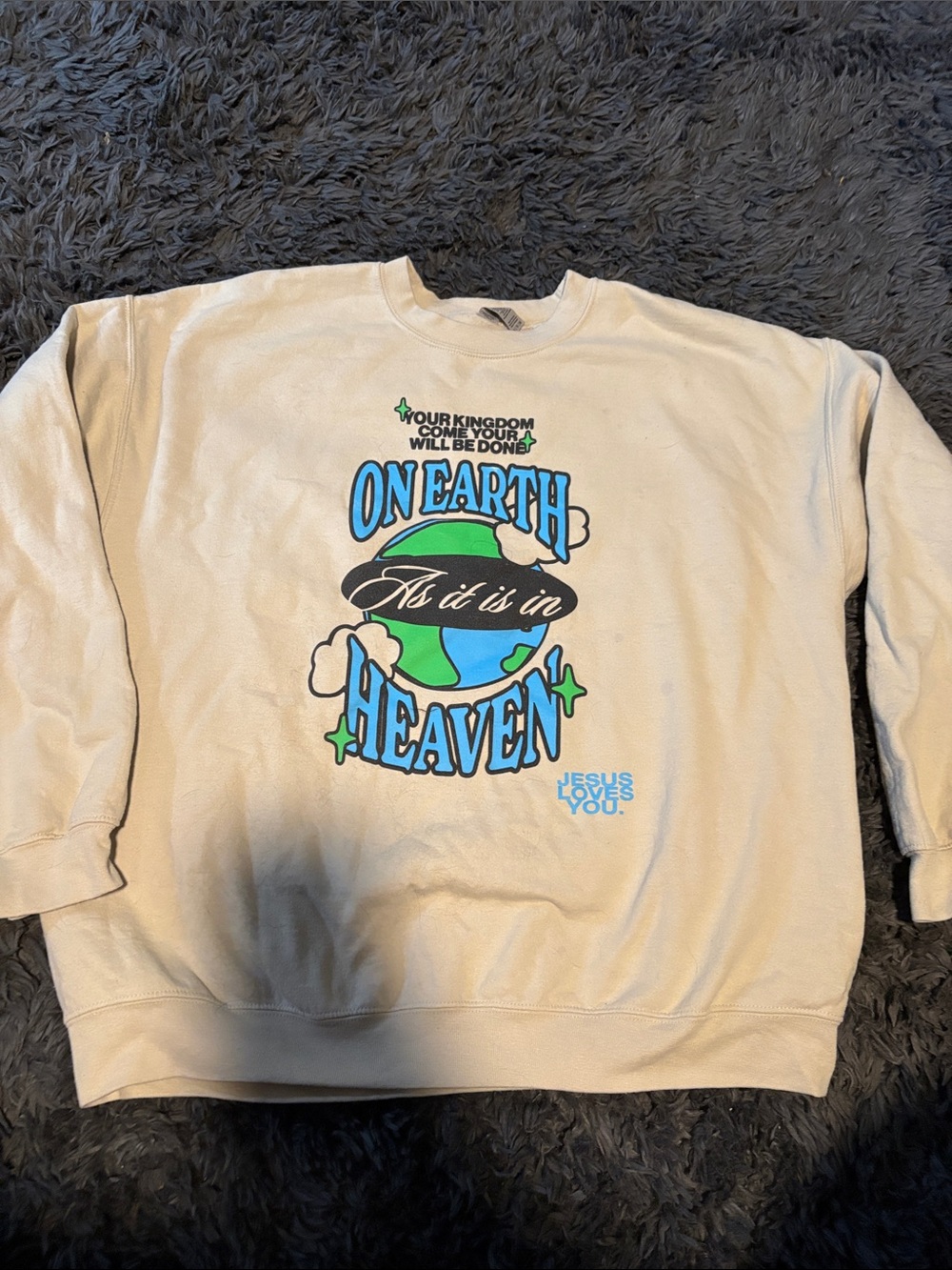 Crewneck Graphic Sweatshirt - Cream with Blue & Green Print